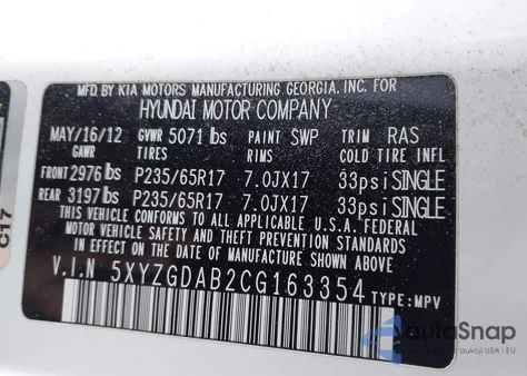 2012 Hyundai Santa Fe Gls z USA, uszkodzony, nr VIN 5XYZGDAB2CG163354